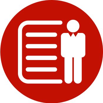 white cartoon man stood next to a sheet of paper in a red circle