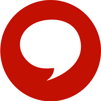 white speech mark logo in red circle